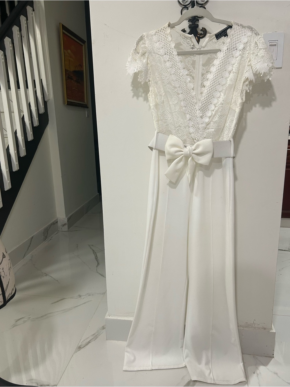 Delicate White Lace-Top V-Neck Bodice Shorts Sleeve Wide Leg Jumpsuit Waist Bow